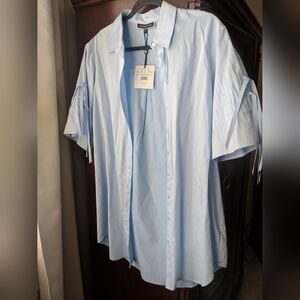 NWT Light Blue Short-Sleeve Button-Down Shirt Tie Detail Sleeve